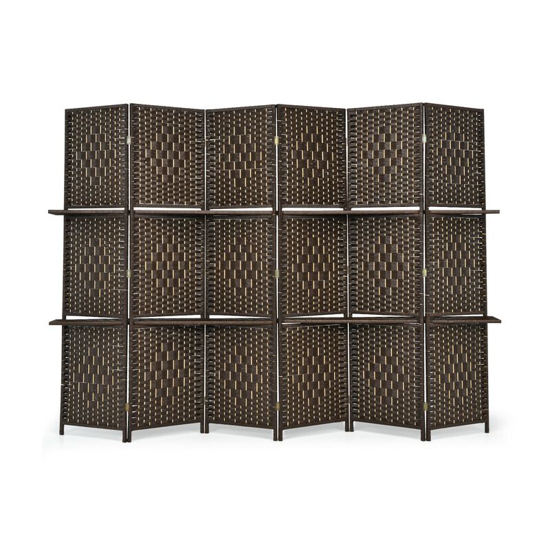 6 Panel Folding Weave Fiber Room Divider With 2 Display Shelves