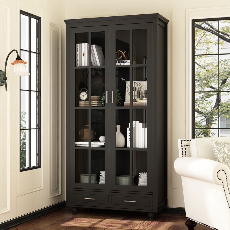 FUFU&GAGA Black Bookcase with Storage & Drawers, P2 MDF & Tempered Glass Construction (70.9" H x 36.2" W x 14.6" D), Black