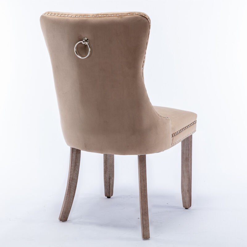 2 Pieces Set, Khaki Velvet Dining Chairs With Wood Legs