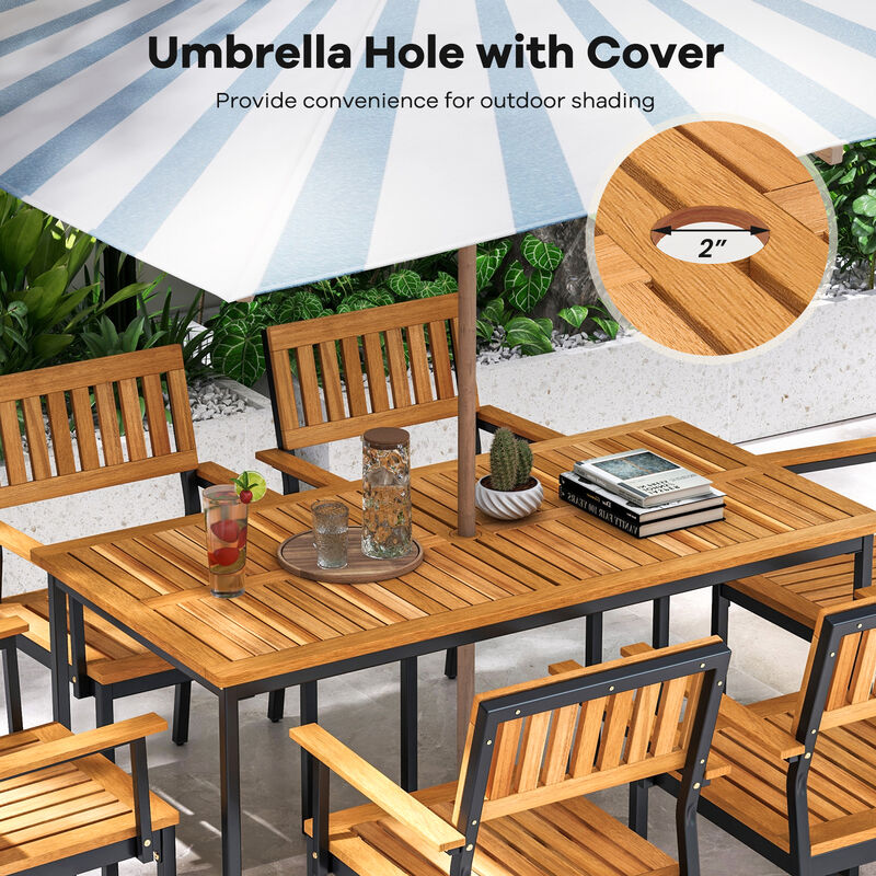 Dining Table for 6 People with Slatted Tabletop and Umbrella Hole for Outdoor Patio or Garden