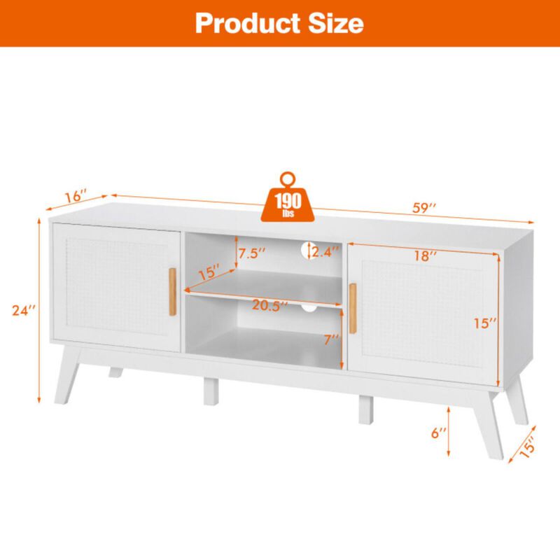 Hivvago TV Stand Entertainment Media Console with 2 Rattan Cabinets and Open Shelves-White