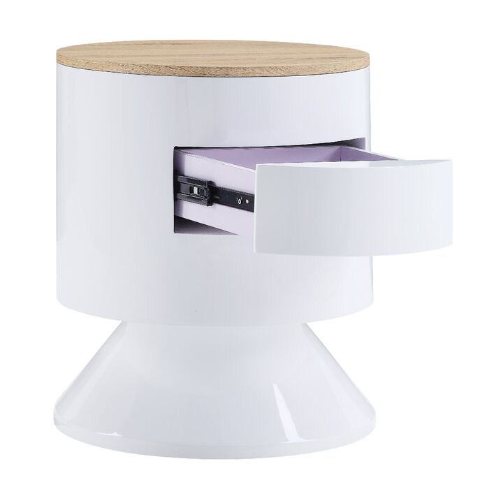 1 Drawer Pyramidal Base Circular Wooden Night Table, White and Brown-Benzara