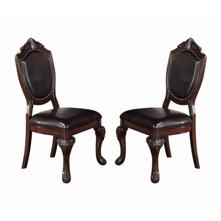 Traditional Rubber Wood Dining Chair With Faux Leather Upholstery , Set Of 2,Brown-Benzara