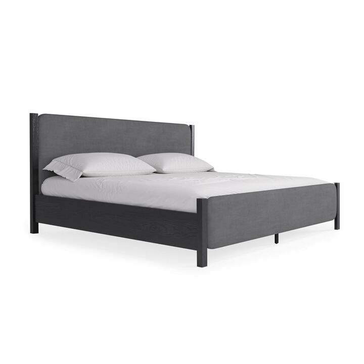 Cave Queen Bed, Velvet Upholstery, Squared Posts, Dark Gray Mahogany Wood - Benzara
