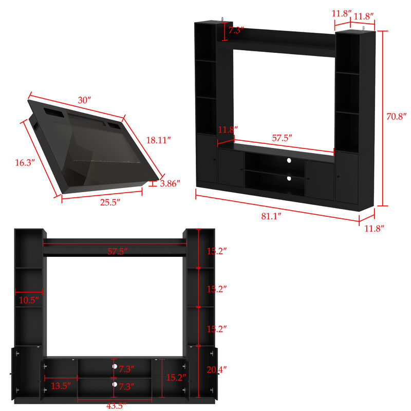 Black Wood Entertainment Centers TV Stand Fits TV's up to 57 in. with Open Shelves, Door Cabinets