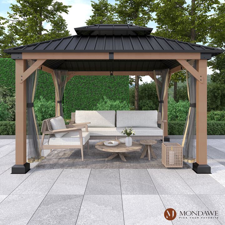 Mondawe Beverly Hills 10 ft. x 12 ft. Outdoor Fir Solid Wood Frame Patio Gazebo Canopy Shelter Galvanized Steel Hardtop Netting