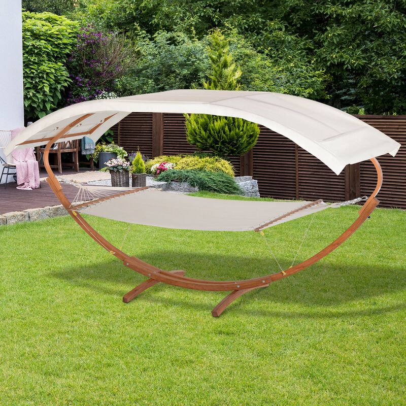 White Outdoor Relaxation: 13' Wooden Roman Arc Hammock Stand with Canopy