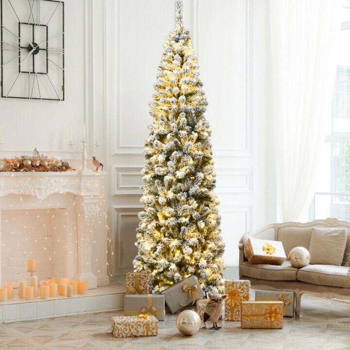 Hivvago 7.5 Feet Pre-lit Snow Flocked Artificial Pencil Christmas Tree with LED Lights