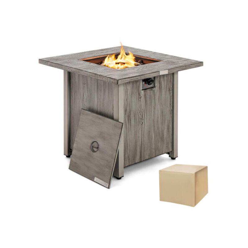 Hivvago 28 Inch 40 000 BTU Square Fire Pit Table with Lid and Lava Rocks-Gray