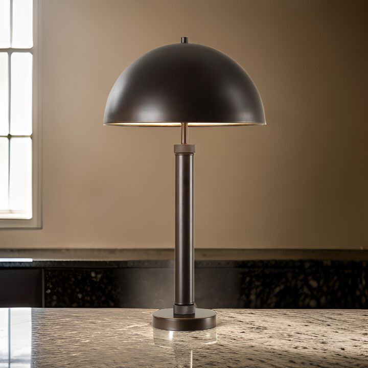 Modern Accent Table Lamp, Dome Shade, Gold Edge, Black Metal Round Base