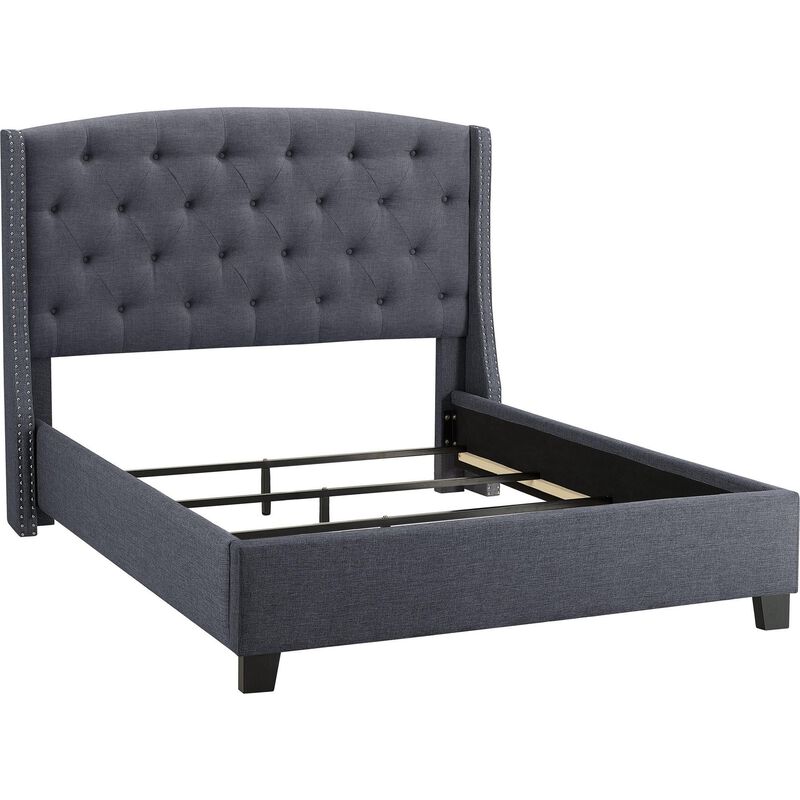 Elle Queen Size Bed, Low Profile, Gray Button Tufted Upholstered Headboard - Benzara