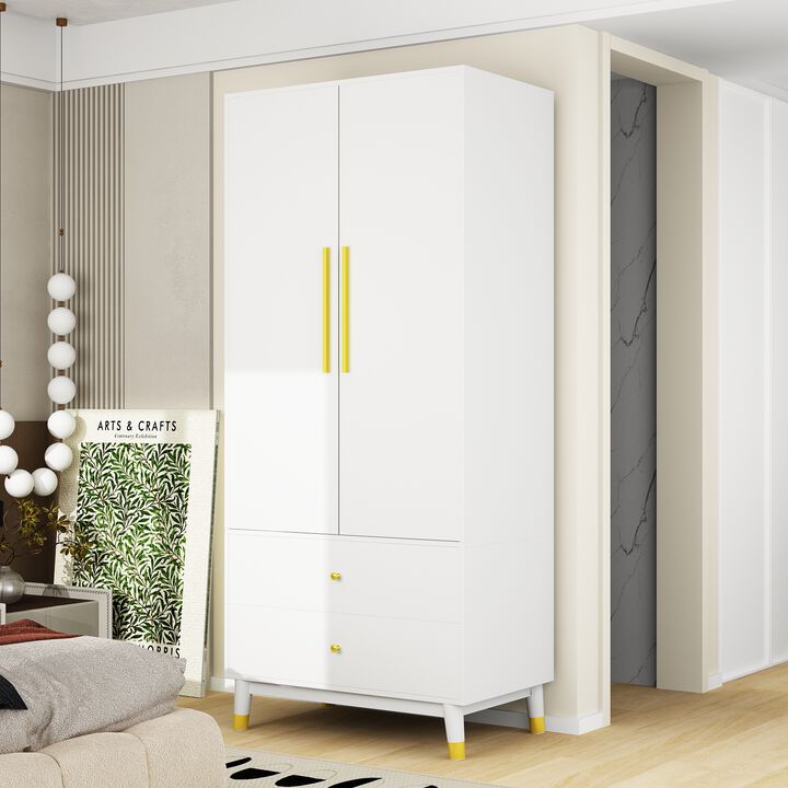 2-Drawers Kids Armoires Wardrobe With Hanging Rods, Drawers, Shelves (19.1 in. D x 31.5 in. W x 71.1 in. H)