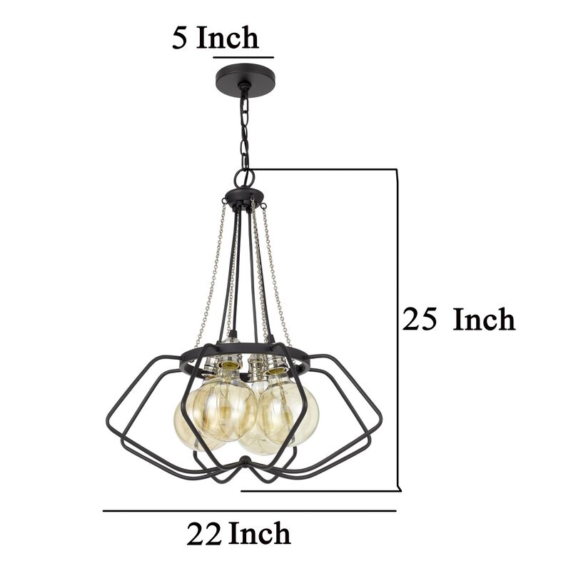 Lima 22 Inch Chandelier w 4 Light Bulbs, Black Metal Cage Design - Benzara