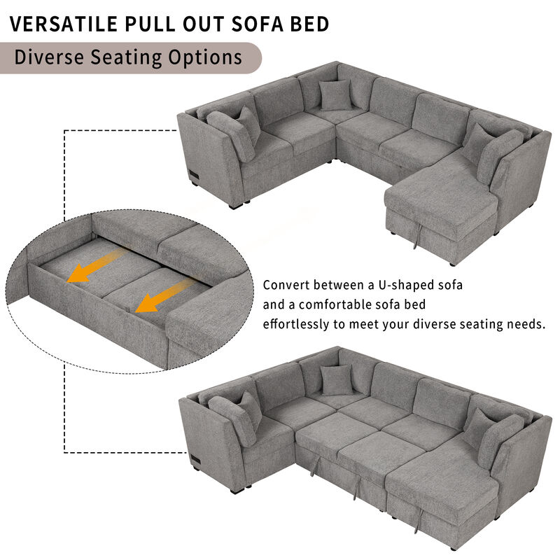 Merax U-shaped Sectional Sofa Pull Out Sofa Bed with 2 USB Ports