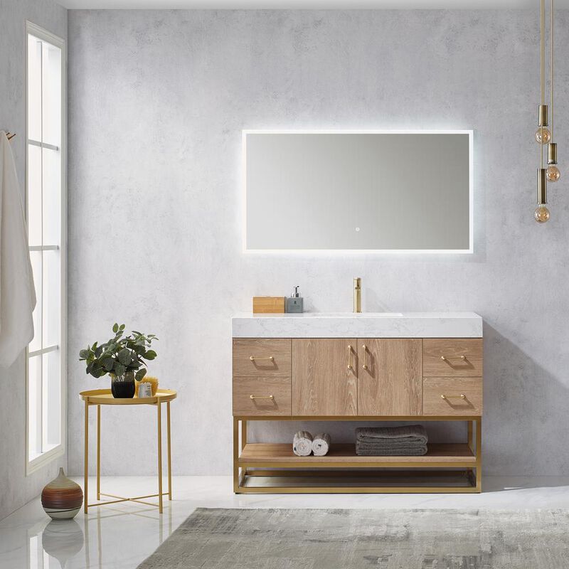 Vinnova Design 48 Single Vanity with White Grain Stone Countertop With Mirror