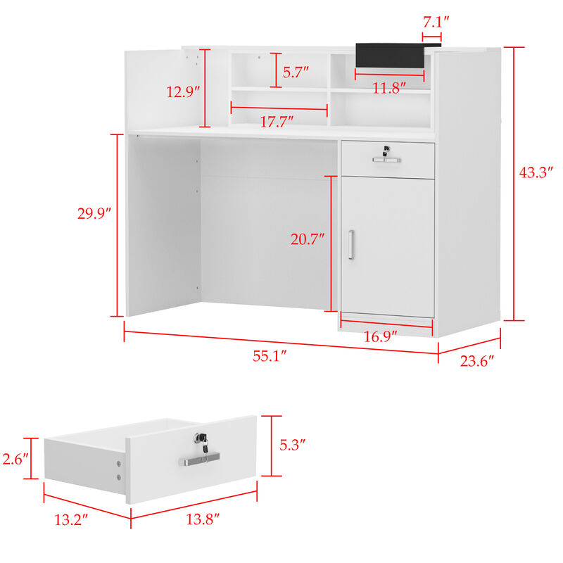 Rectangular White Wooden Computer Desk, Writing Desk with Drawer, 4-Tiler Adjustable Shelves, 55.1 in. W-23.6 in.D