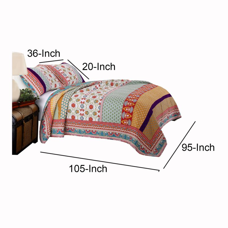 Geometric and Floral Print King Size Quilt Set with 2 Shams, Multicolor - Benzara