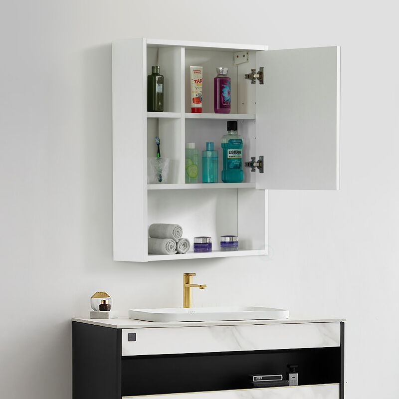 Wall Mount Bathroom Mirrored Storage Cabinet with Open Shelf | 2 Adjustable Shelves Medicine Organizer Storage Furniture for Bathrooms, Kitchens, and Laundry Room (White)