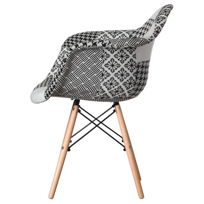 Mid-Century Modern Style Fabric Lined Armchair with Beech Wooden Legs, Black and White Set 2