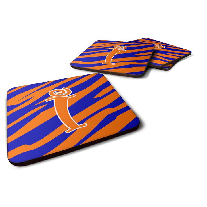 Caroline's Treasures CJ1036-IFC Monogram-Tiger Stripe Blue and Orange Foam Coasters (Set of 4), Initial Letter I, 3.5 H x 3.5 W, Multicolor