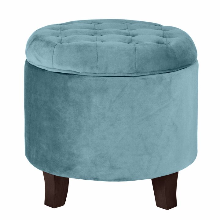Button Tufted Velvet Upholstered Wooden Ottoman with Hidden Storage, Blue and Brown - Benzara
