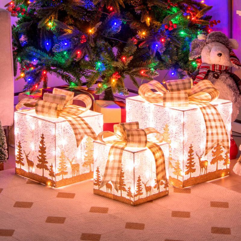 Hivvago Set of 3 Lighted Christmas Gift Box with 100 Warm White Lights