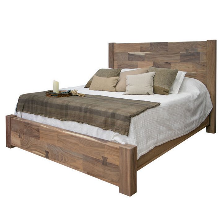 Umey Queen Size Bed, Mango Wood with Grain Details, Two Tone Rustic Brown - Benzara