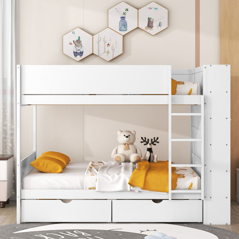 Full Over Full Bunk Bed With 2 Drawers And Multilayer Cabinet, White