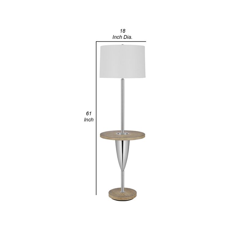 Charlie 61 Inch Modern Floor Lamp, Wood Table, 1 USB, Glossy, White, Brown-Benzara