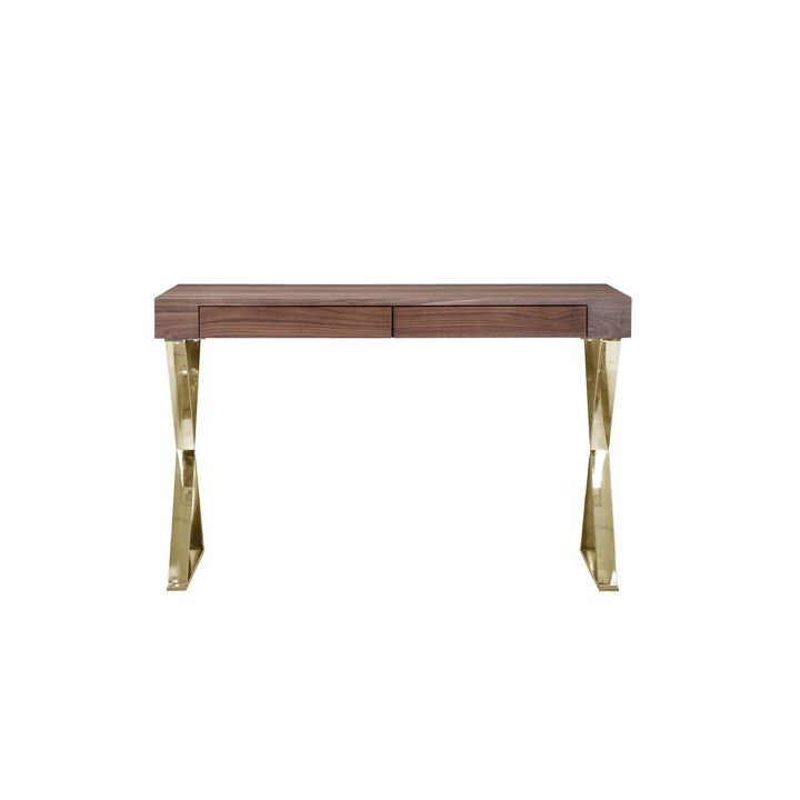 Ada Office Desk, 2 Drawers, Walnut Brown, Gold X Steel Legs, 47 Inch - Benzara