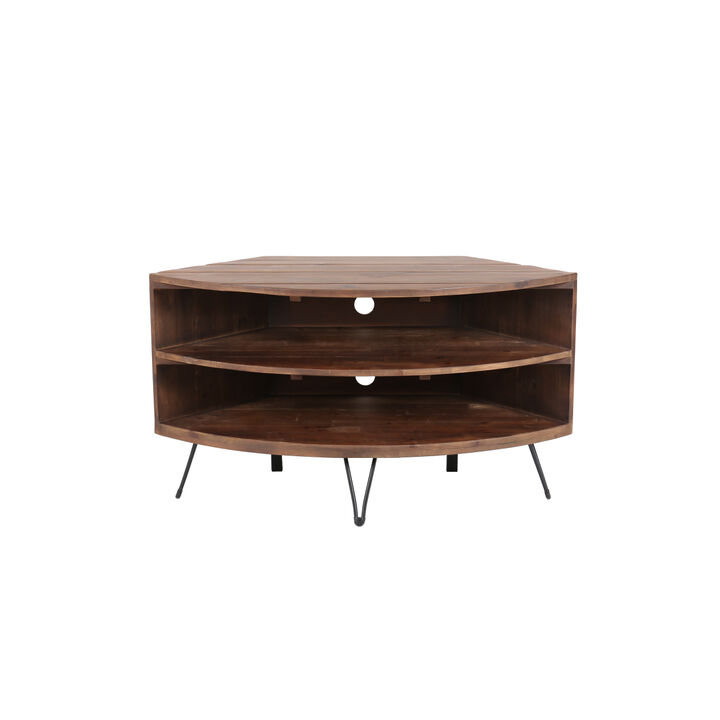 Fan Shaped Reclaimed Wood Corner Media Table For Living Room Wise Use Your Space