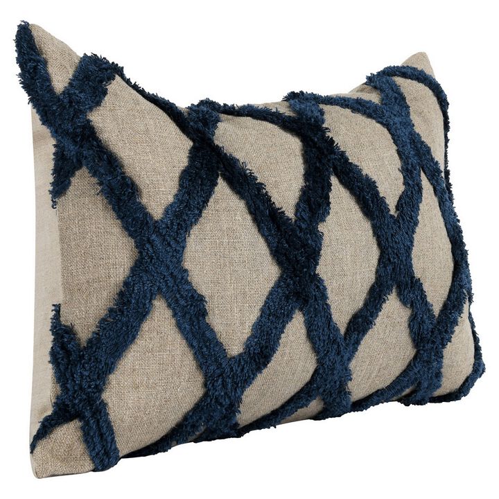 Lo 14 x 20 Lumbar Linen Accent Throw Pillow, Tufted Diamond Pattern, Blue-Benzara