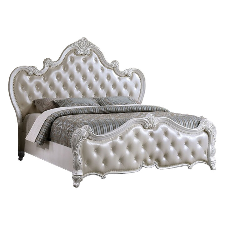 Venta King Size Bed, Pearl White Button Tufted Faux Leather Upholstery - Benzara