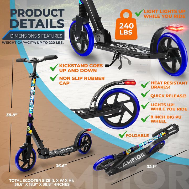 Kick Scooter for Ages 6+, for Kids, Teens, and Adults, Max Load 240 LBS, Foldable, 8-inch Big Wheels for Kids and Adults, with Kickstand, 3 Adjustable Levels, Child Safety Approved