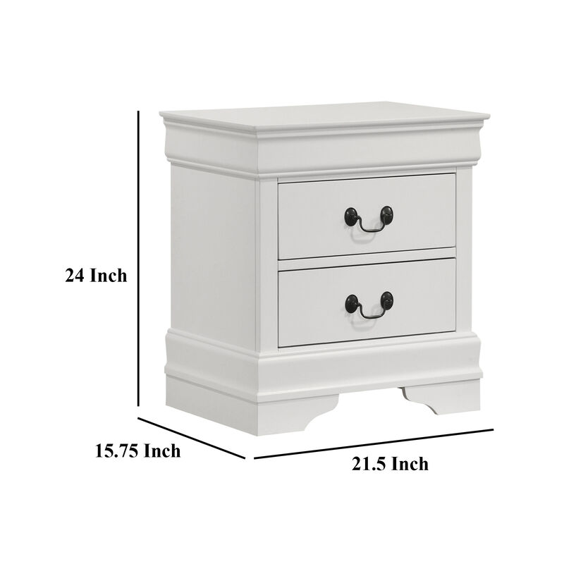 Nim Nightstand, 2 Storage Drawers, 24 Inch, Classic White Molded Trim - Benzara