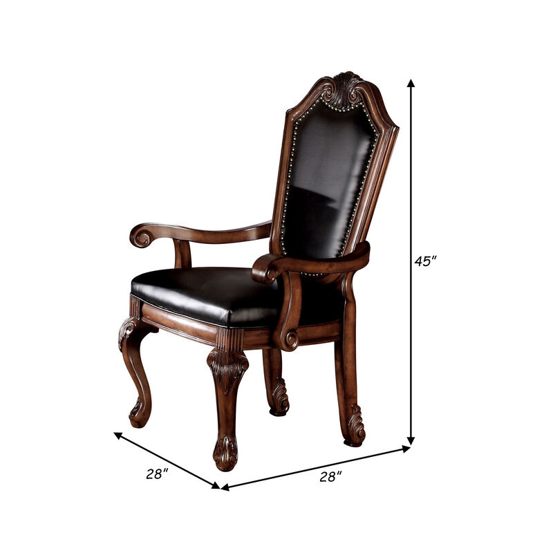 Loki 28 Inch Dining Armchair, Nailhead Trim, Faux Leather, Set of 2, Brown-Benzara