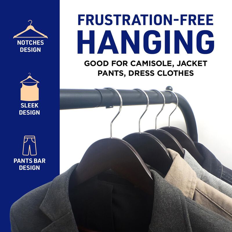 Lifemaster Wooden Clothes Hangers – With 360 Degree Swivel Hook and Non-Slip Shoulder Notch, Holds Up To 10 lbs, Pants Bar Design, For Organizing Suit, Dress, Coat, and Clothes, Pack of 30, Brown