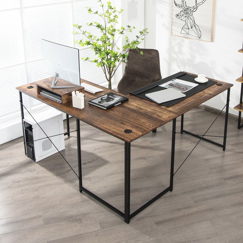 95 Inch 2-Person L-Shaped Long Reversible Computer Desk with Monitor Stand