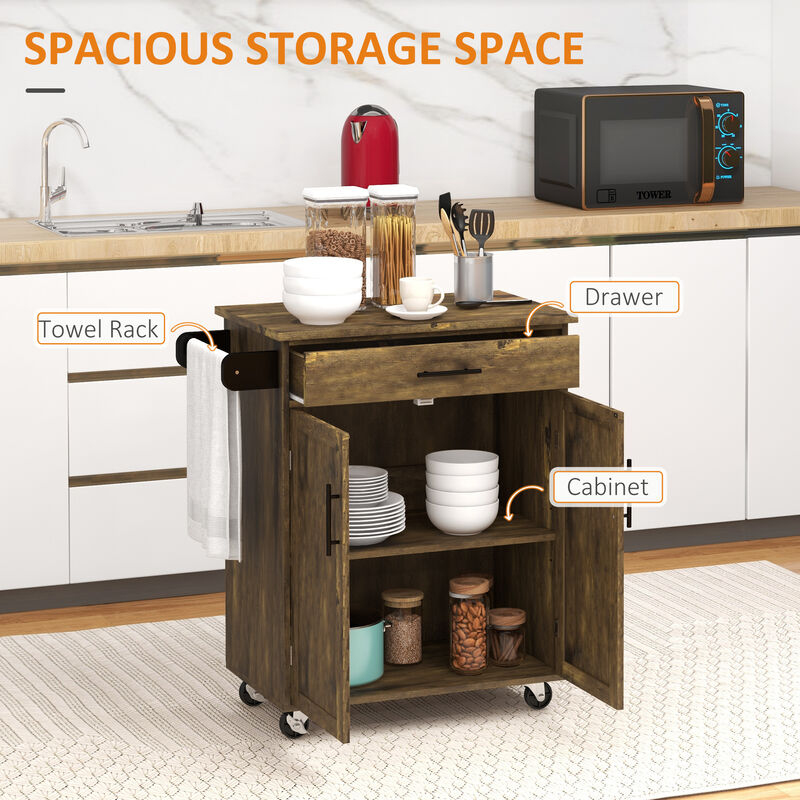 Wooden Indoor Moving Microwave Cart with Interior Cabinet & Towel Rack