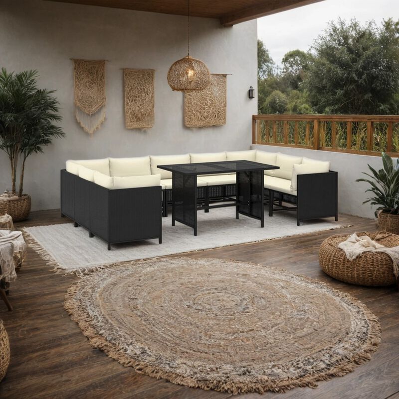 10pc Outdoor Sofa Set, White Cushions, 9 Modular Chairs, Table, Black - Benzara