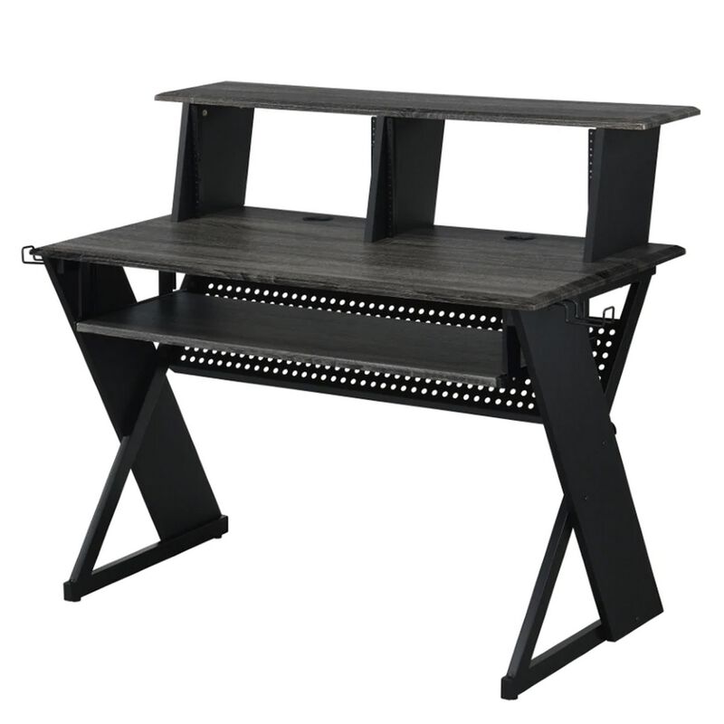 Tin 47 Inch Wood Music Desk Studio Station, Keyboard Tray, Shelves, Gray-Benzara