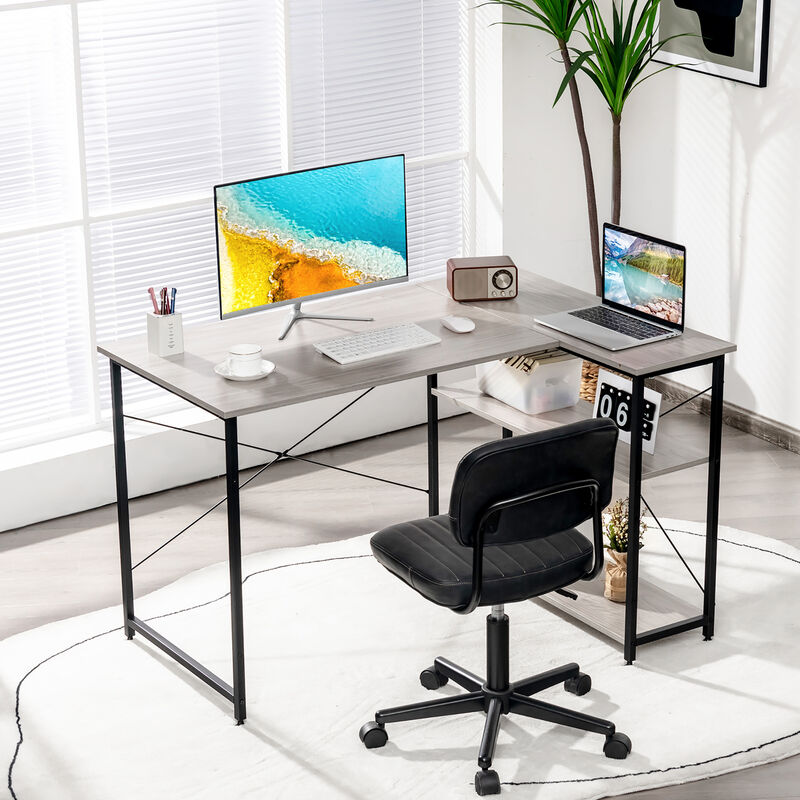 Costway 48'' Reversible L Shaped Computer Desk Home Office Table Adjustable Shelf Brown