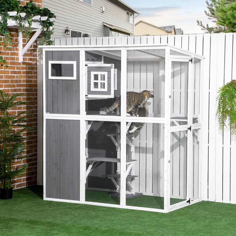 Outdoor Cat Enclosure: Walk-In Wooden Catio with PVC Roof & Platforms