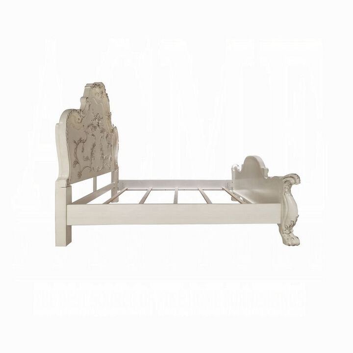 Ally California King Bed, Decorative Carved Inlay, Bone White Wood - Benzara