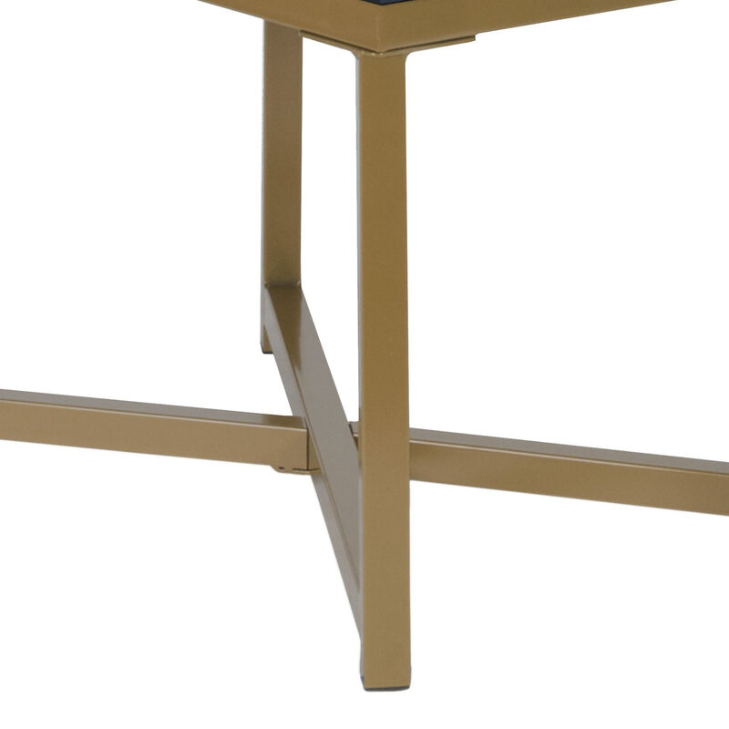 Metal Framed Bench with Button Tufted Velvet Upholstered Seat, Dark Blue and Gold - Benzara