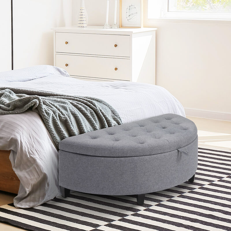 Foldable Tufted Linen Storage Seat Semicircle Footrest Box w/ Legs Lift Top