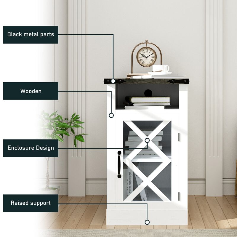 Farmhouse End Table with Charging Station, 15.4'' Rustic Nightstand with Barn Door & Adjustable Shelf, Wooden Sofa Side Table with 3-Tier Storage for Living Room, Bedroom, White