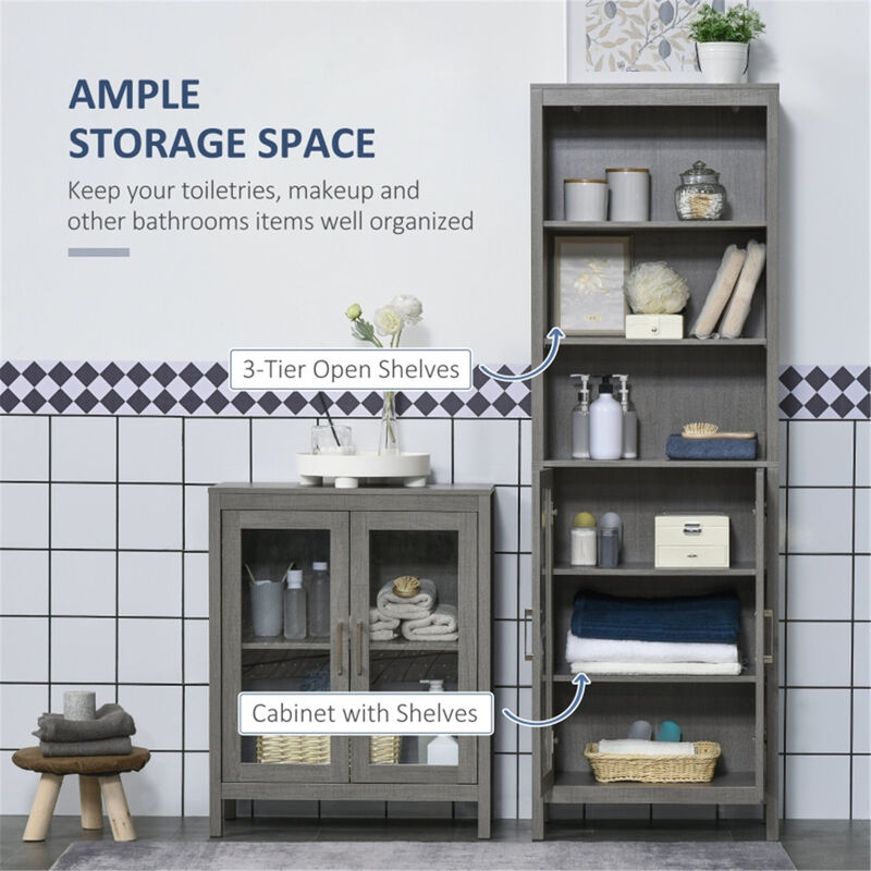 Bathroom Hamper Cabinet with Pull-Out Laundry Bin and Storage Shelves