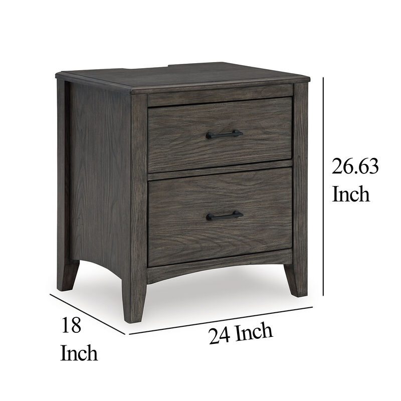 Illian Nightstand, 2 Drawers, Bar Handles, Gray Brown Solid Hardwood - Benzara