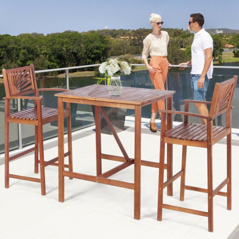 Hivvago 3 Pieces Acacia Wood Patio Bar Set with Sunflower Patterned Backrest